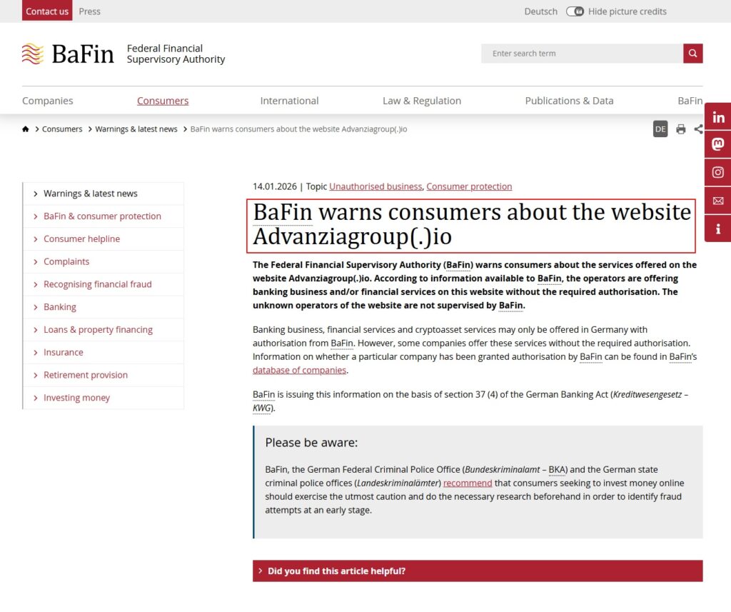 BaFin-Warnings-latest-news-BaFin-warns-consumers-about-the-website-Advanziagroup-io