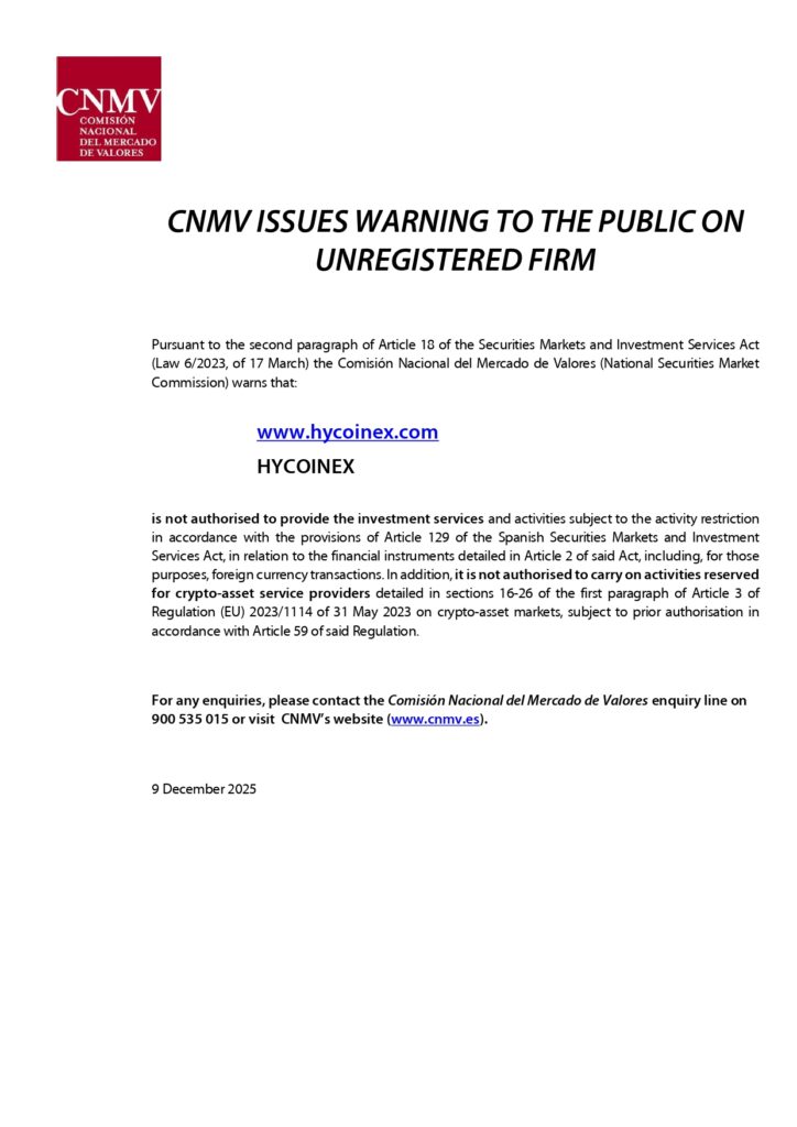 HYCOINEX CNMV Warning