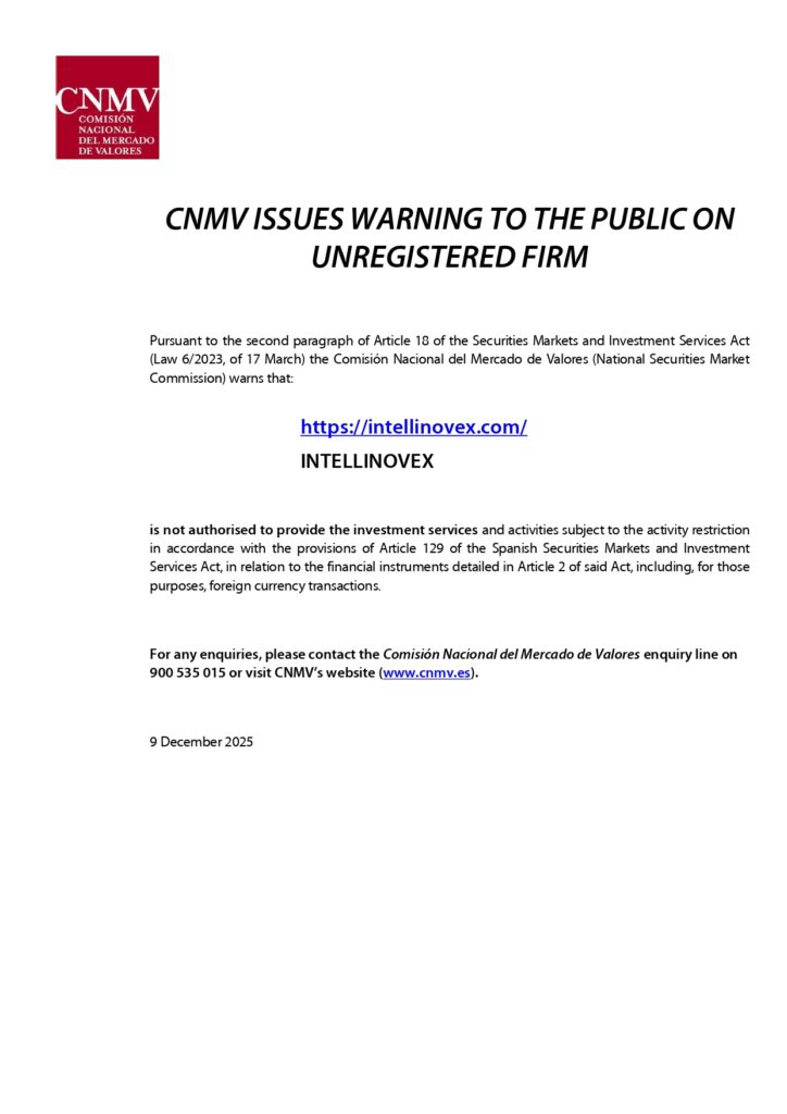 Intellinovex CNMV Warning