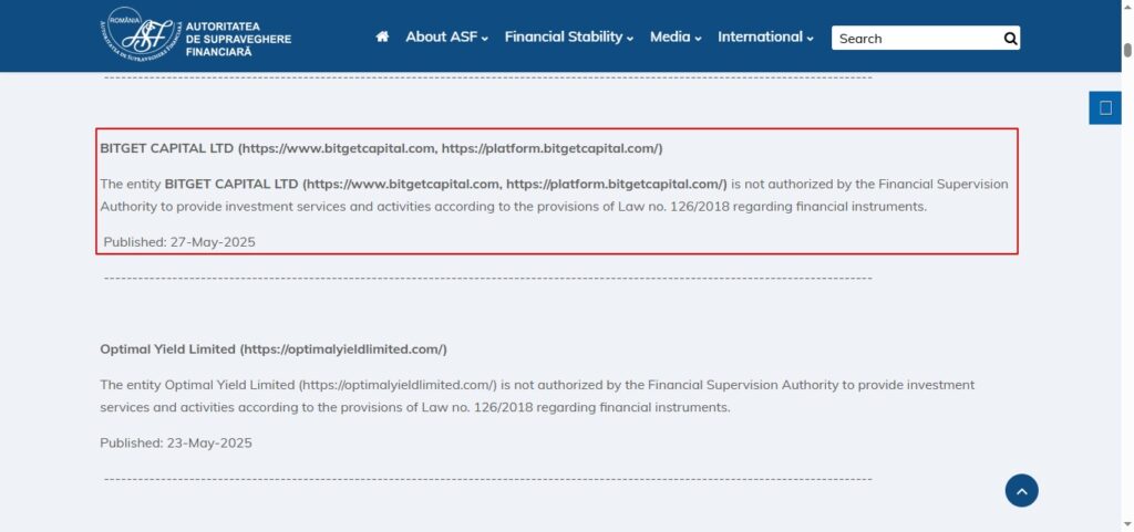 bitget capital ltd asf romania warning