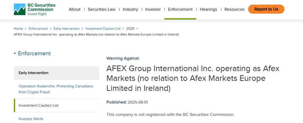 afex markets bcsc