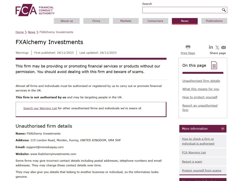 fxalchemy investments fca warning