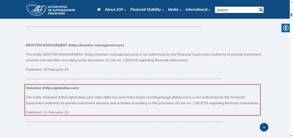 globalixa financial supervisory authority (romania) asf warning