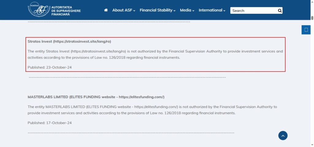 stratos invest asf romania warning