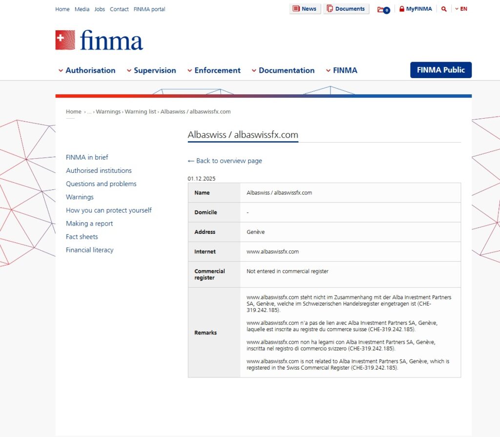albaswiss albaswissfx com warning list finma