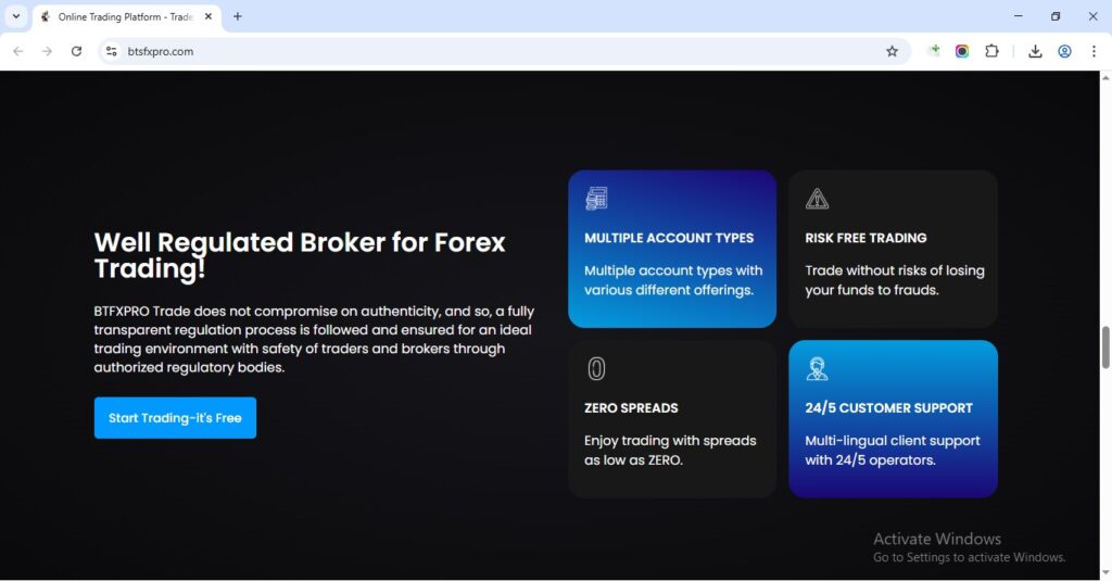 BTSfxpro claims to be “well regulated,” it does not mention any recognized financial authority