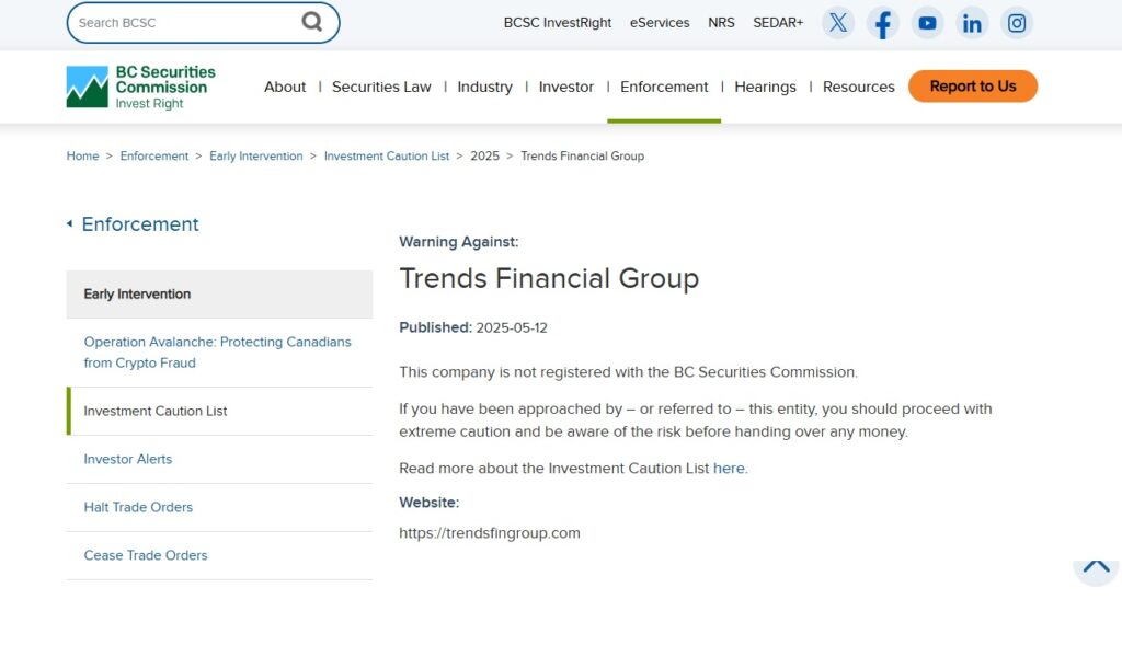 trends financial group bcsc warning