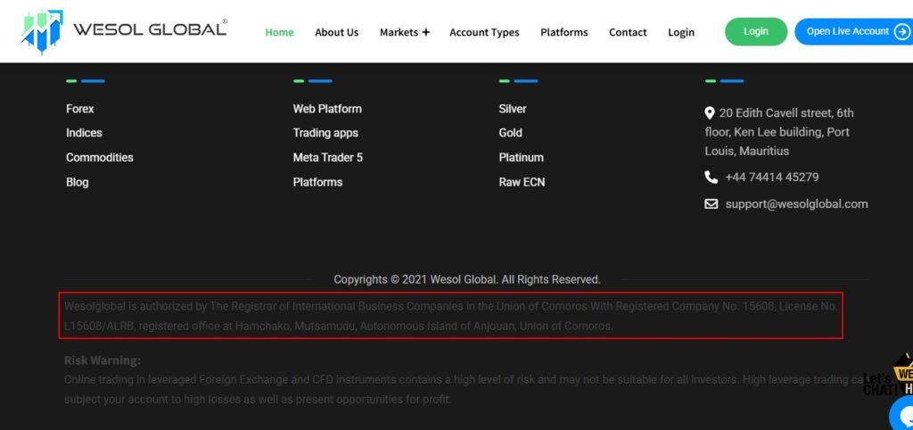 Wesolglobal claims to be regulated Anjouan Offshore Finance Authority