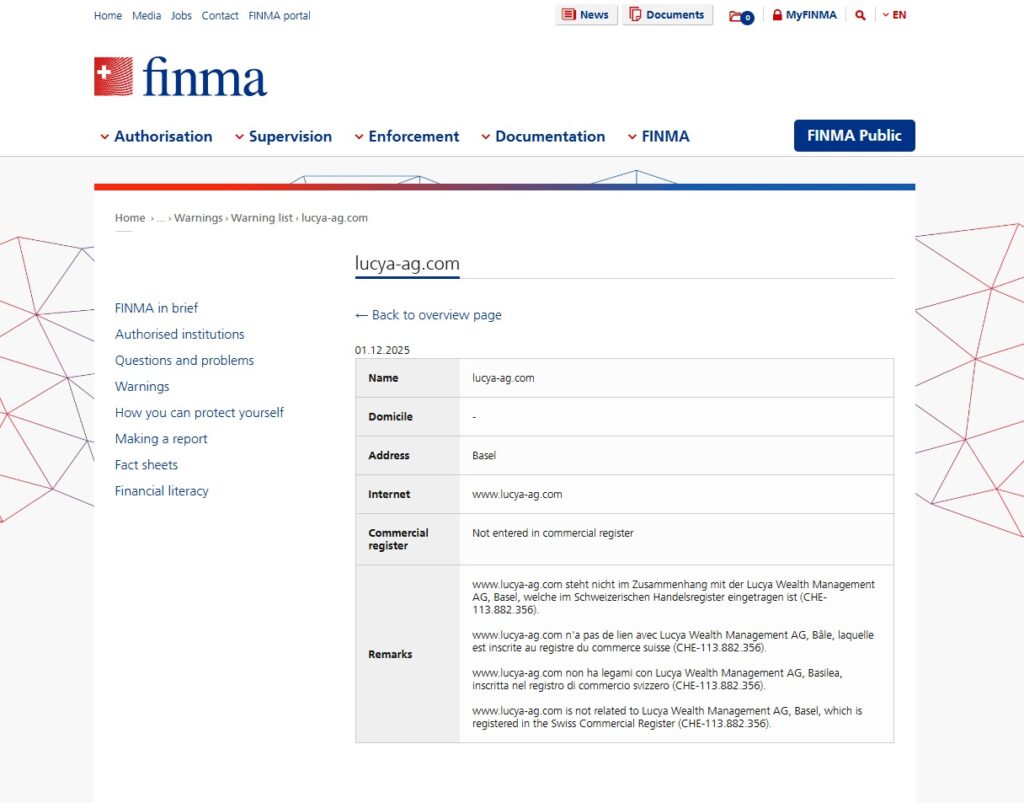 lucya ag com warning list finma